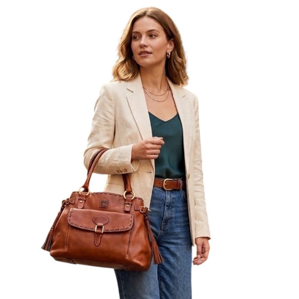 Dooney Bourke Florentine Large Pocket Satchel Bag Chestnut Leather Whipstitch